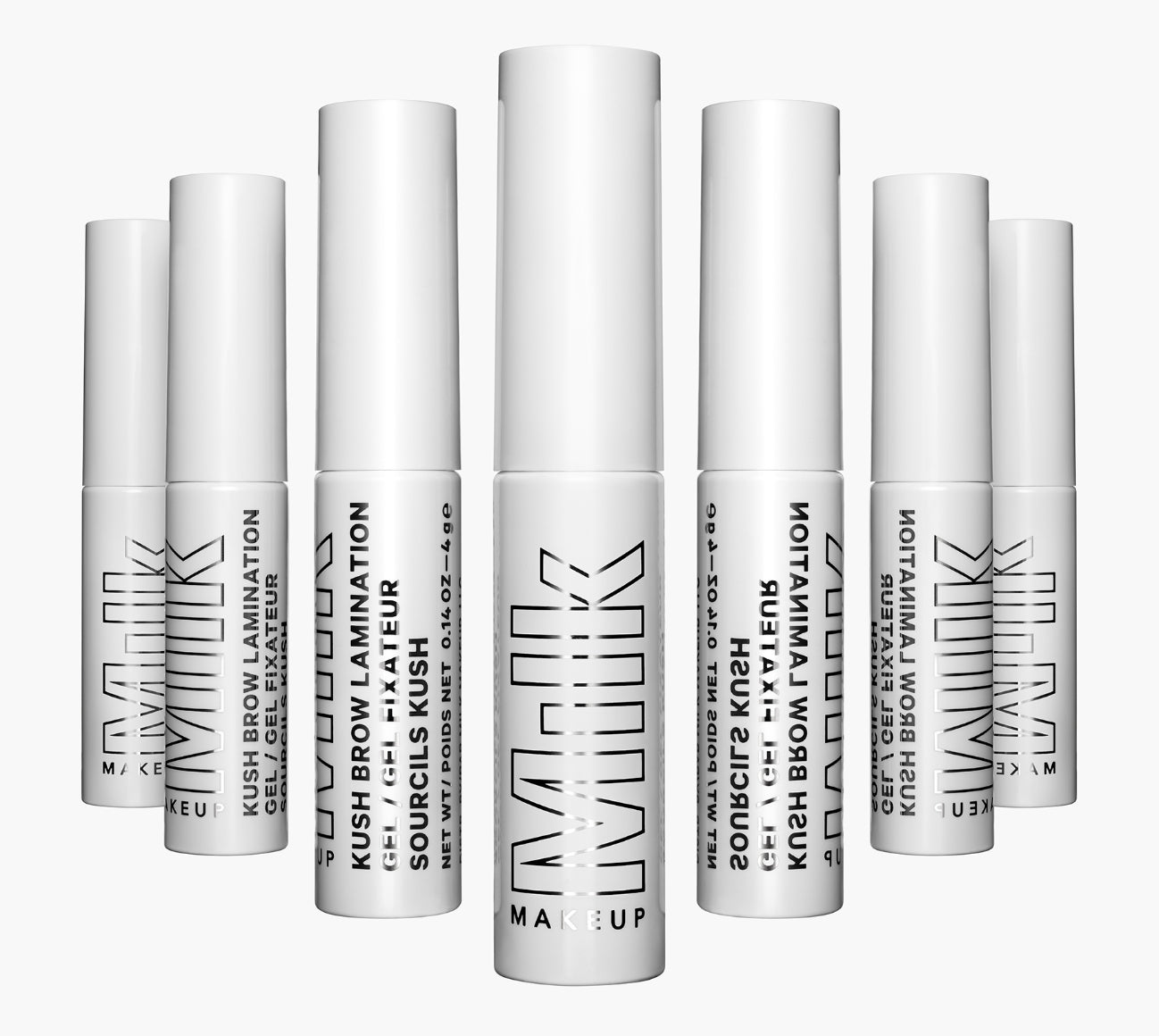 Several tubes of Milk Makeup KUSH Brow Lamination Gel on a white background
