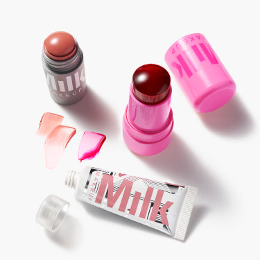Milk Makeup Lip + Cheek, Cooling Water Jelly Tint, and Bionic Blush together with swatches next to them