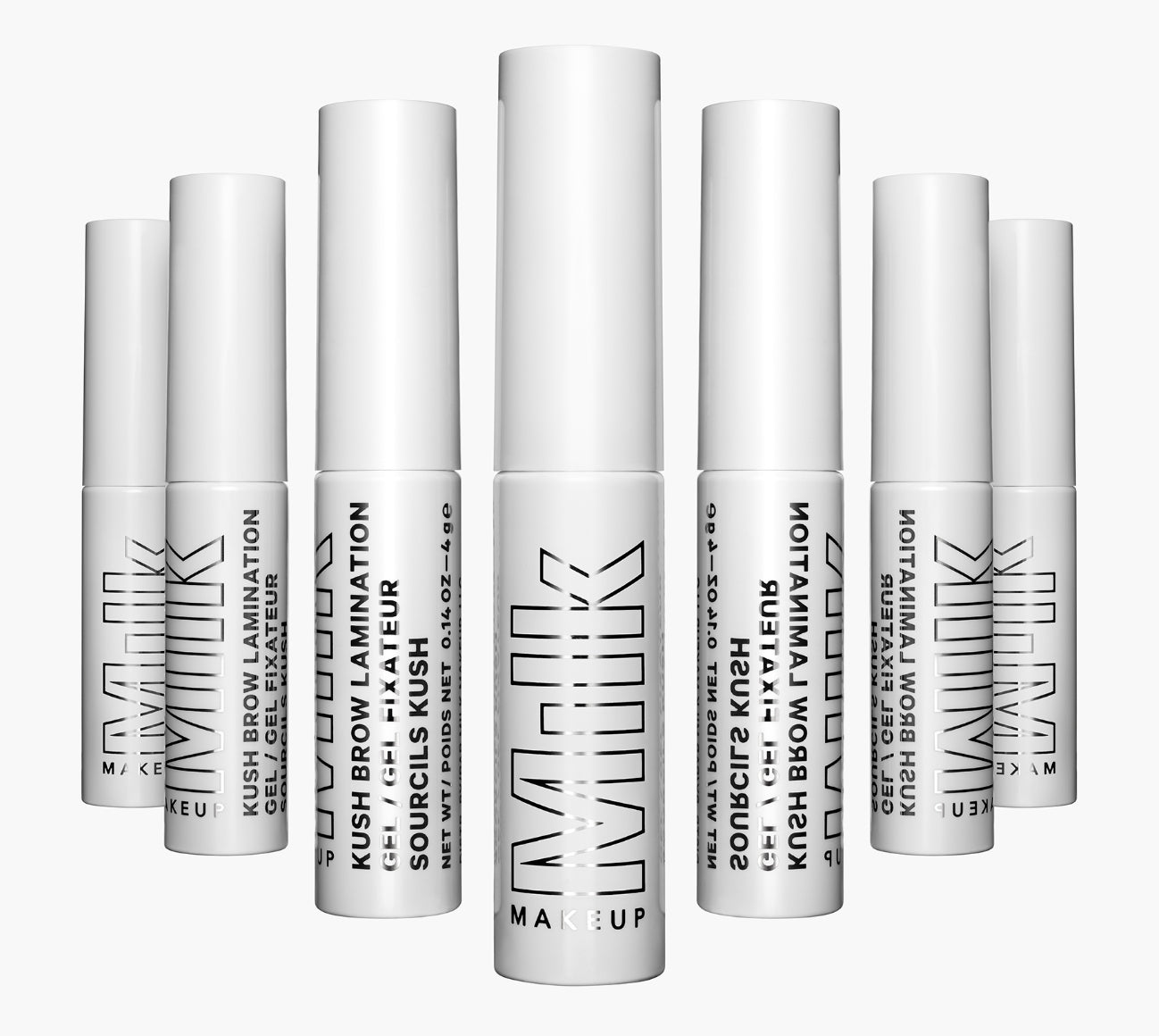 Several tubes of Milk Makeup KUSH Brow Lamination Gel on a white background
