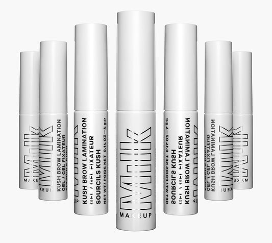 Several tubes of Milk Makeup KUSH Brow Lamination Gel on a white background
