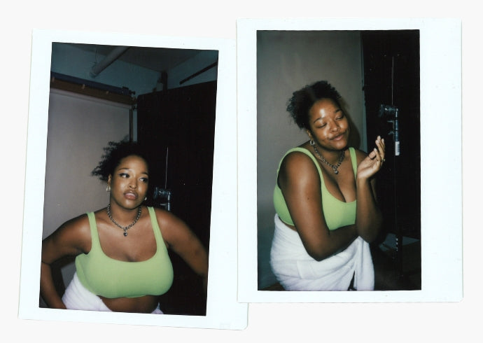 Two polaroids of model Imani Randolph on the set of Milk summer beauty shoot