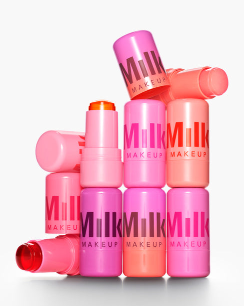 Different shades of the Milk Makeup Cooling Water Jelly Tints stacked on top of each other on a white background