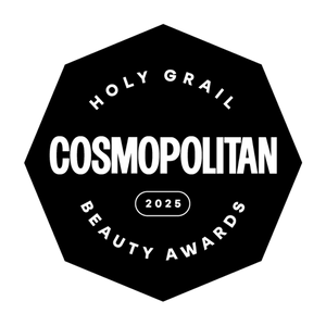Hexagonal badge with 'Holy Grail Cosmopolitan Beauty Awards 2025' text on a black background