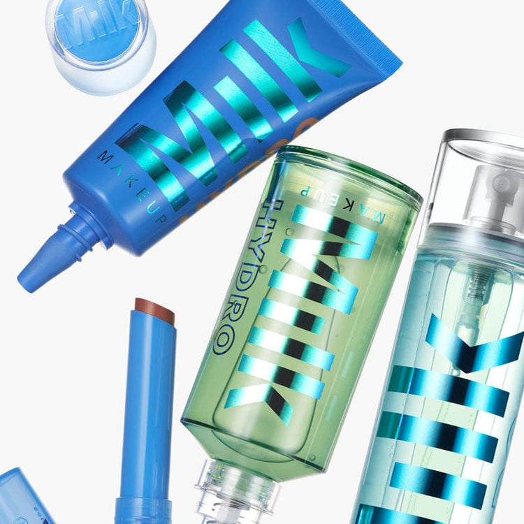 Makeup products with blue and green design on a white background